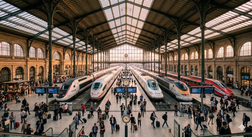 Viagem de Trem pela Europa: Roteiro Completo e Quanto Custa 2026 Uma tomada em grande angular mostrando a arquitetura de uma movimentada estação ferroviária europeia moderna ao pôr do sol, com trens nas plataformas e passageiros.