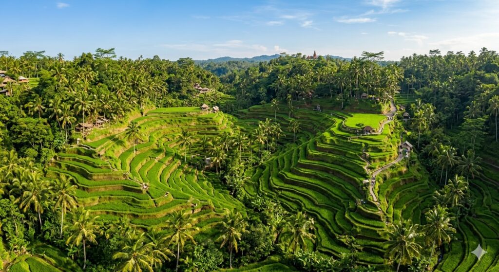 🌏 Estações do Ano na Ásia 2026: O Guia Completo para Viajar e Emigrar Vista aérea de terraços de arroz verdes e exuberantes em Ubud, Bali, com palmeiras e sol brilhante, representando a estação seca e o pico do verão na Indonésia em 2026.