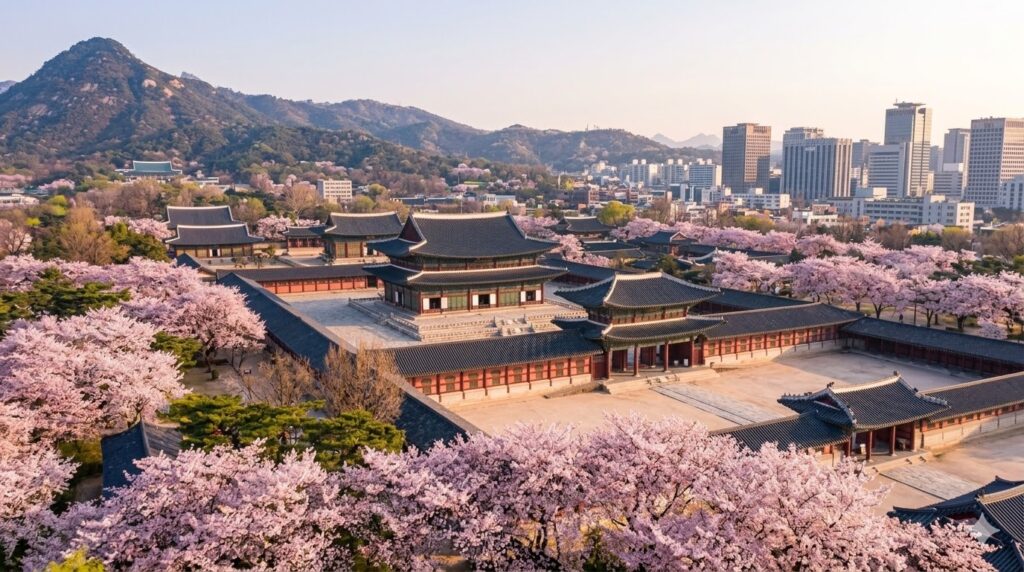 🌏 Estações do Ano na Ásia 2026: O Guia Completo para Viajar e Emigrar Palácio Gyeongbokgung em Seul, Coreia do Sul, cercado por flores de cerejeira (Cherry Blossom) em tom rosa vibrante sob a luz suave da manhã na primavera de 2026.