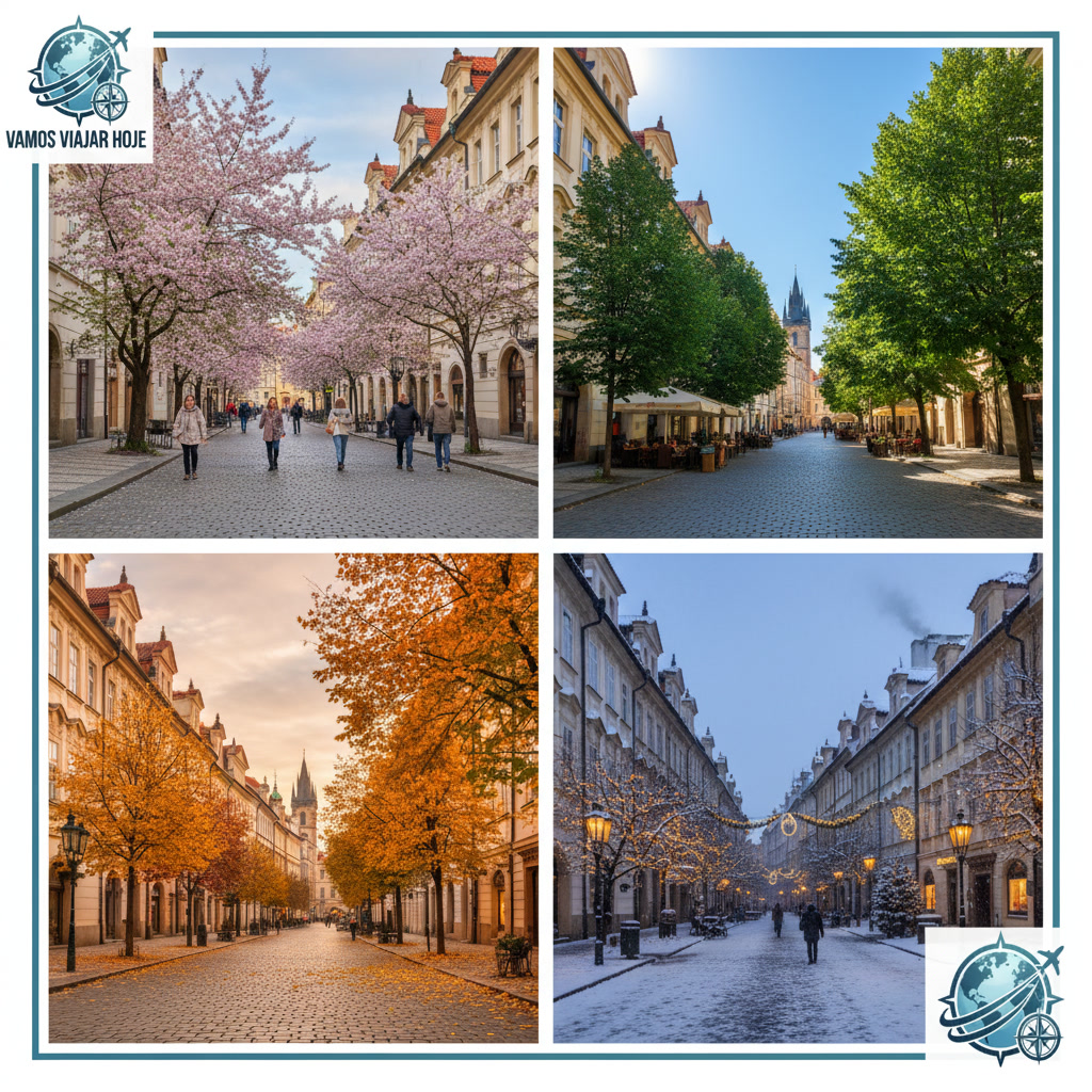 estações do ano na europa 2026 Montagem criativa em quatro quadrantes mostrando a mesma rua europeia clássica na Primavera, Verão, Outono e Inverno.