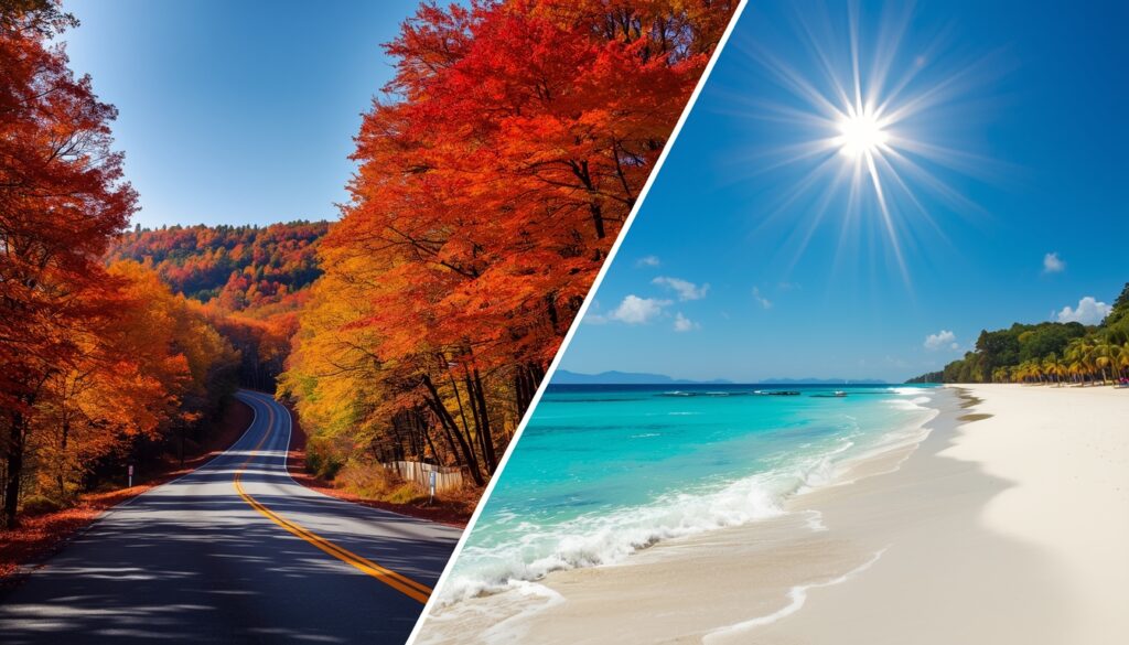 🏔️ Estações do Ano na América do Norte 2026: O Guia Completo estações do ano na américa do norte 2026 Uma montagem dividida ao meio: à esquerda, uma floresta de Vermont (EUA) com folhas de outono laranjas e vermelhas; à direita, uma praia de Cancun (México) com mar azul turquesa e palmeiras.