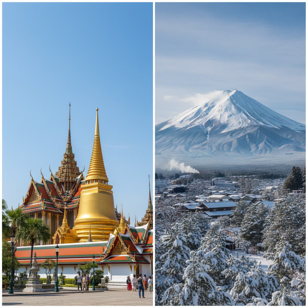 estações do ano na ásia 2026 estações do ano na ásia 2026 Uma montagem fotográfica dividida em dois lados: à esquerda, templos dourados da Tailândia sob sol forte e céu azul; à direita, o Monte Fuji no Japão coberto de neve sob luz de inverno.
