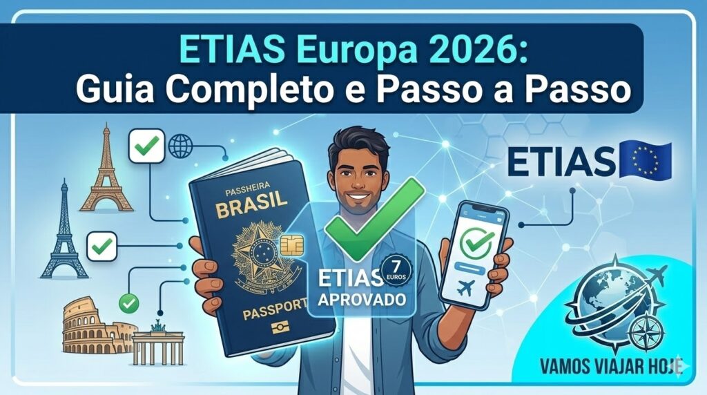 ETIAS Europa 2026: Guia Completo e Passo a Passo para Brasileiros Infográfico de capa mostrando o passaporte brasileiro e o selo oficial do ETIAS aprovado para viagens à Europa em 2026.