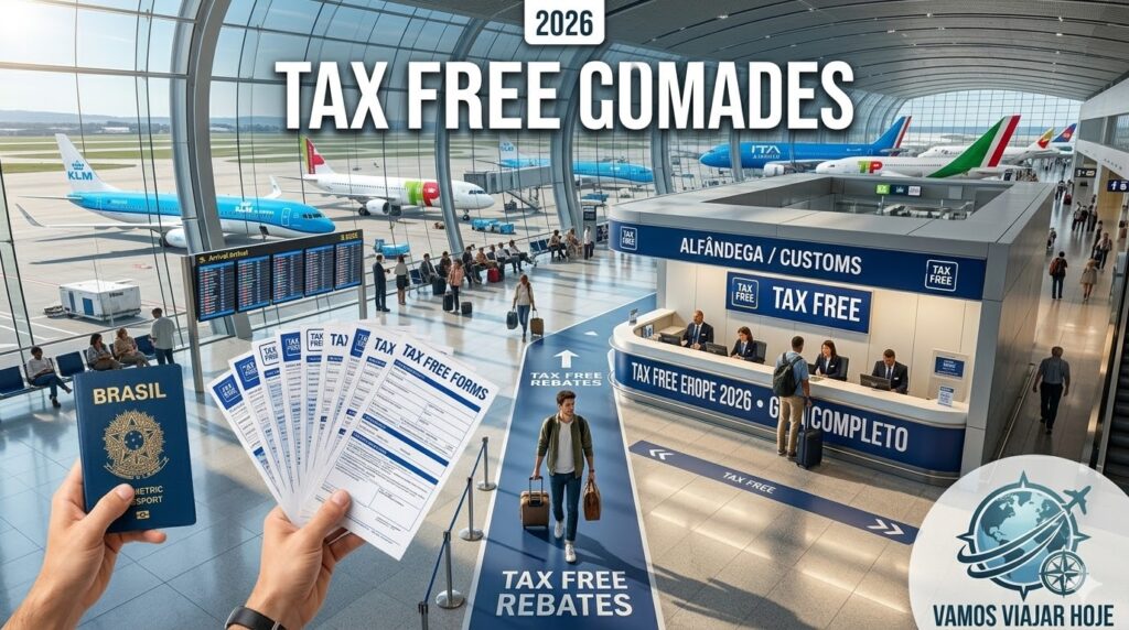 O que é o Tax Free e como funciona em 2026? Infográfico em estilo "pergunta e resposta" com ícones de dinheiro, passaporte e aeroporto sobre fundo azul claro.