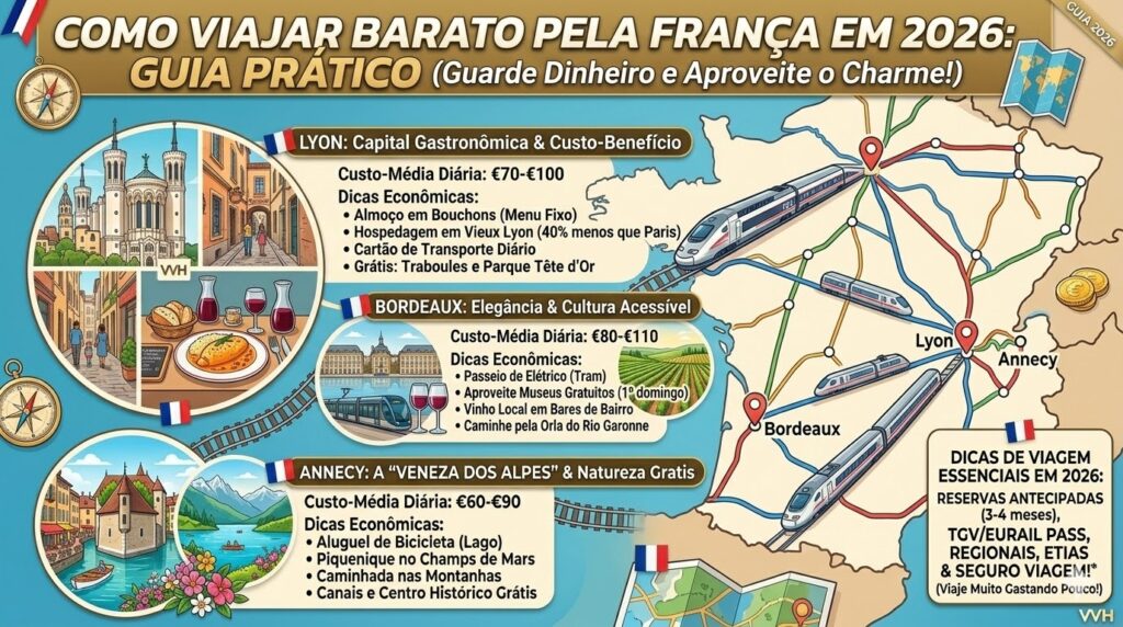 Esqueça Paris: Conheça as 5 Cidades Francesas Mais Baratas e Charmosas para 2026 Infográfico sobre como viajar barato pela França em 2026, incluindo Lyon, Bordeaux e Annecy.