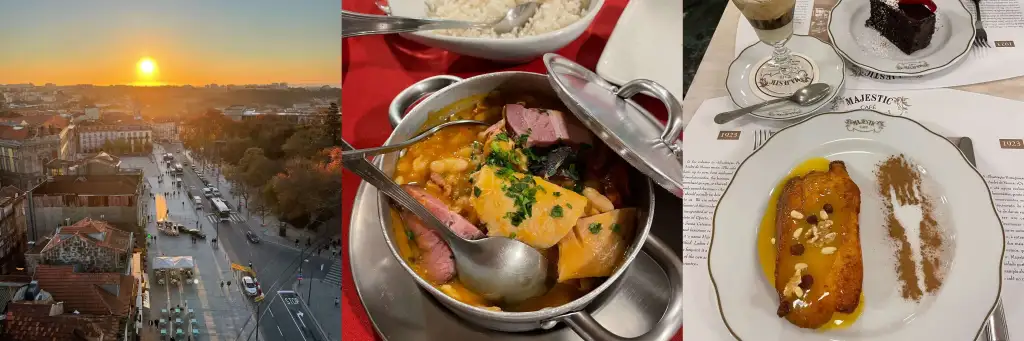 Mesa posta com pastéis de Belém, bolinhos de bacalhau e vinho do Porto, representando a culinária típica de um roteiro por Portugal.