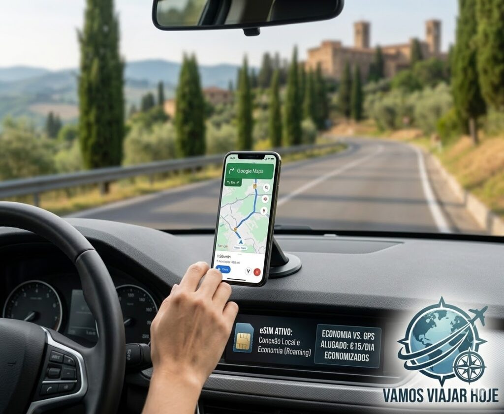 Smartphone fixado no painel de um carro exibindo o Google Maps em uma estrada europeia, destacando a economia de usar eSIM em vez de GPS alugado.