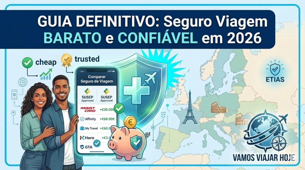 Como Escolher Seguro Viagem Barato e Confiável em 2026 Gráfico comparando preços de seguros viagem baratos e confiáveis das marcas Affinity, My Travel e Hero para o ano de 2026.