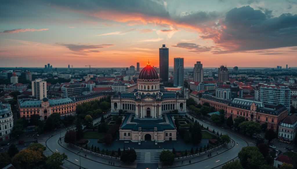 Vista aérea do Arco do Triunfo em Bucareste com avenidas largas e arquitetura neoclássica iluminada.