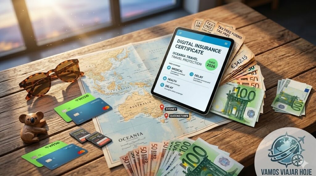 Uma pessoa de costas admirando a Opera House em Sydney com um celular na mão exibindo uma apólice digital.