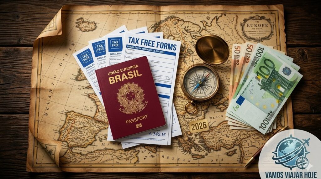 O Guia Definitivo dos Sobrenomes para Cidadania Europeia em 2026: Do Nome ao Passaporte Composição artística com um mapa antigo da Europa, uma bússola de latão e um passaporte europeu moderno sobreposto.