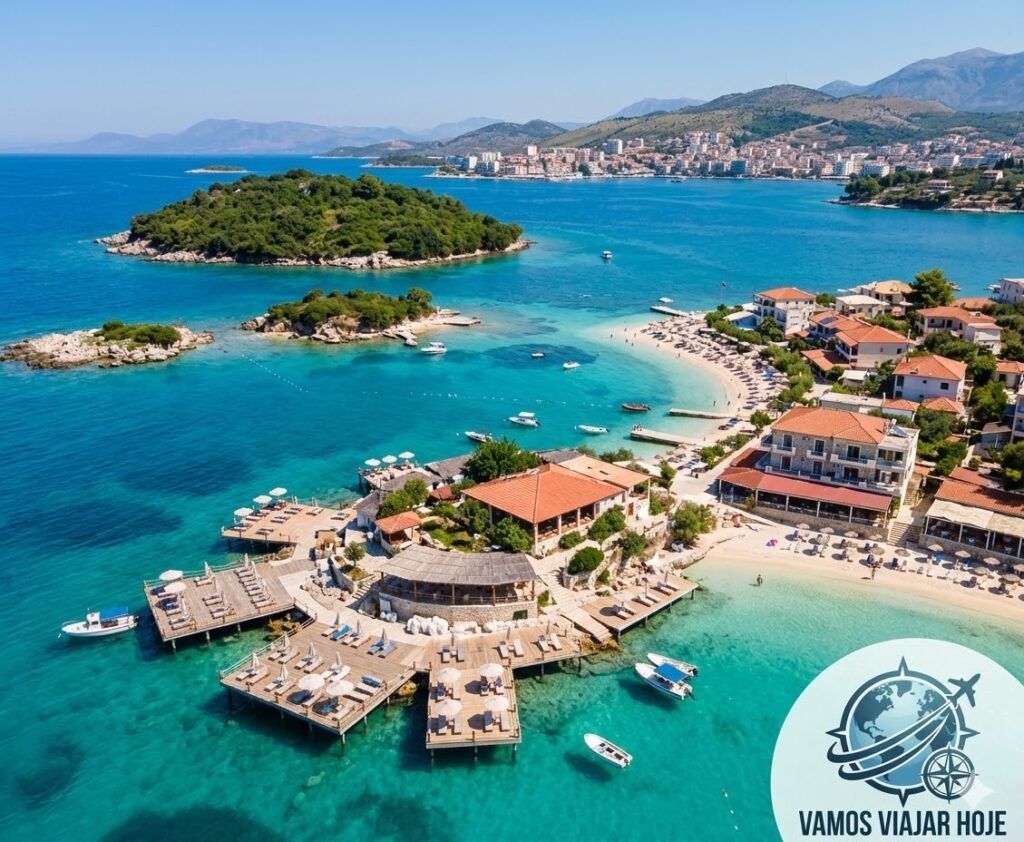 Albânia: O Guia Completo para as 'Maldivas da Europa' em 2026 Vista aérea das ilhas de Ksamil na Albânia com águas azul-turquesa e decks de madeira sobre o mar.