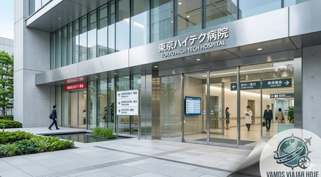 Seguro Viagem Japão 2026: Guia Completo, Exigências e Como Economizar Entrada de um hospital moderno e limpo em Tóquio, com sinalização clara em japonês e inglês.