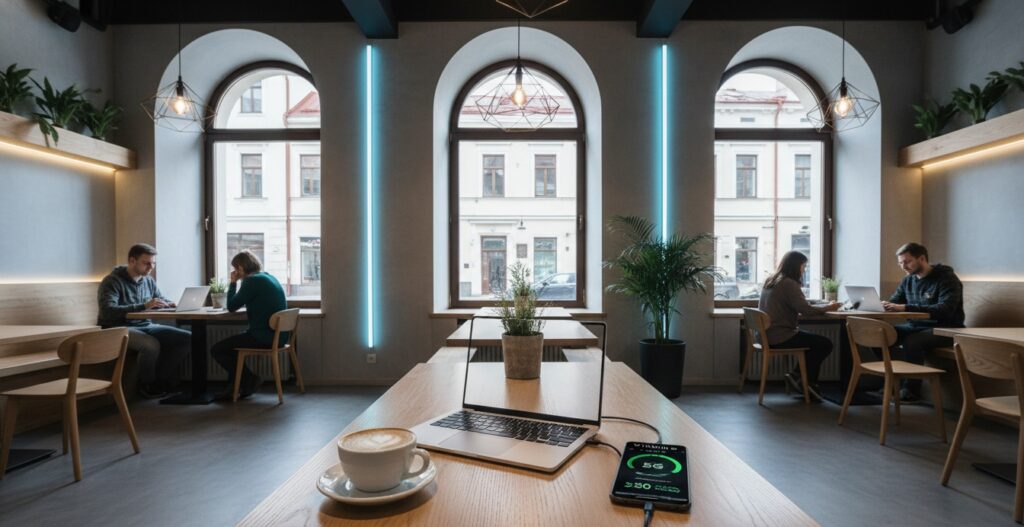 Um profissional de tecnologia trabalhando em um café moderno em Vilnius, com um smartphone mostrando conexão 5G plena.
