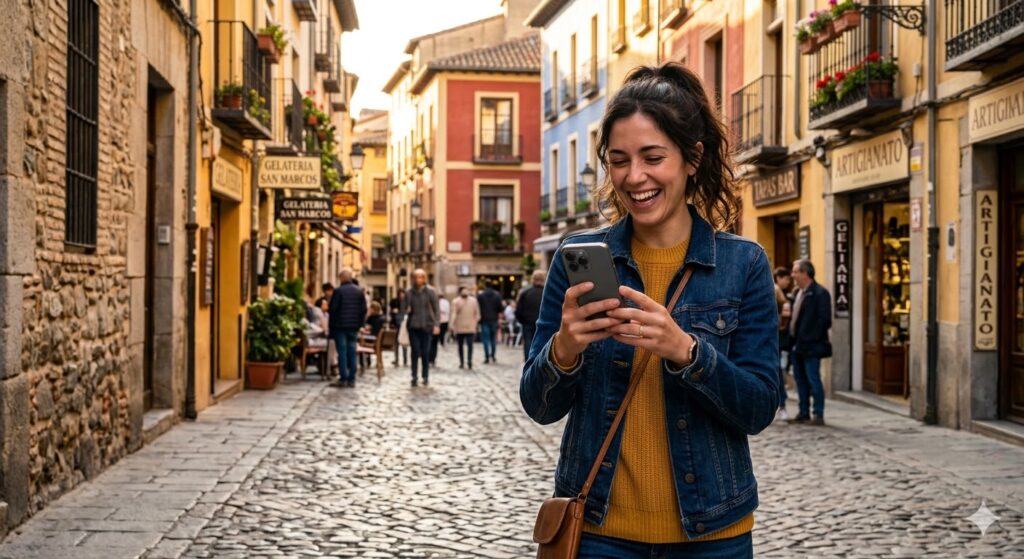 Chip Internacional Europa: Qual o Melhor para Levar em 2026? Viajante brasileiro usando internet com chip internacional na Europa em 2026