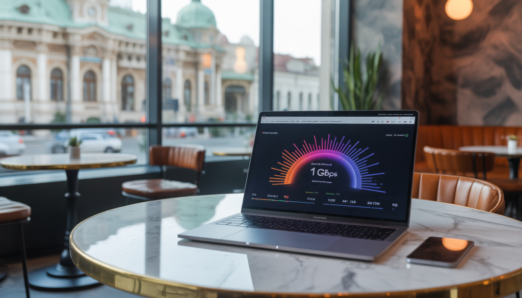 🇷🇴 Guia Definitivo: Como Morar na Romênia em 2026 (O Hub Tech do Leste Europeu) Um profissional trabalhando em um café moderno em Cluj-Napoca, com um notebook mostrando um teste de velocidade de internet ultrarrápida.