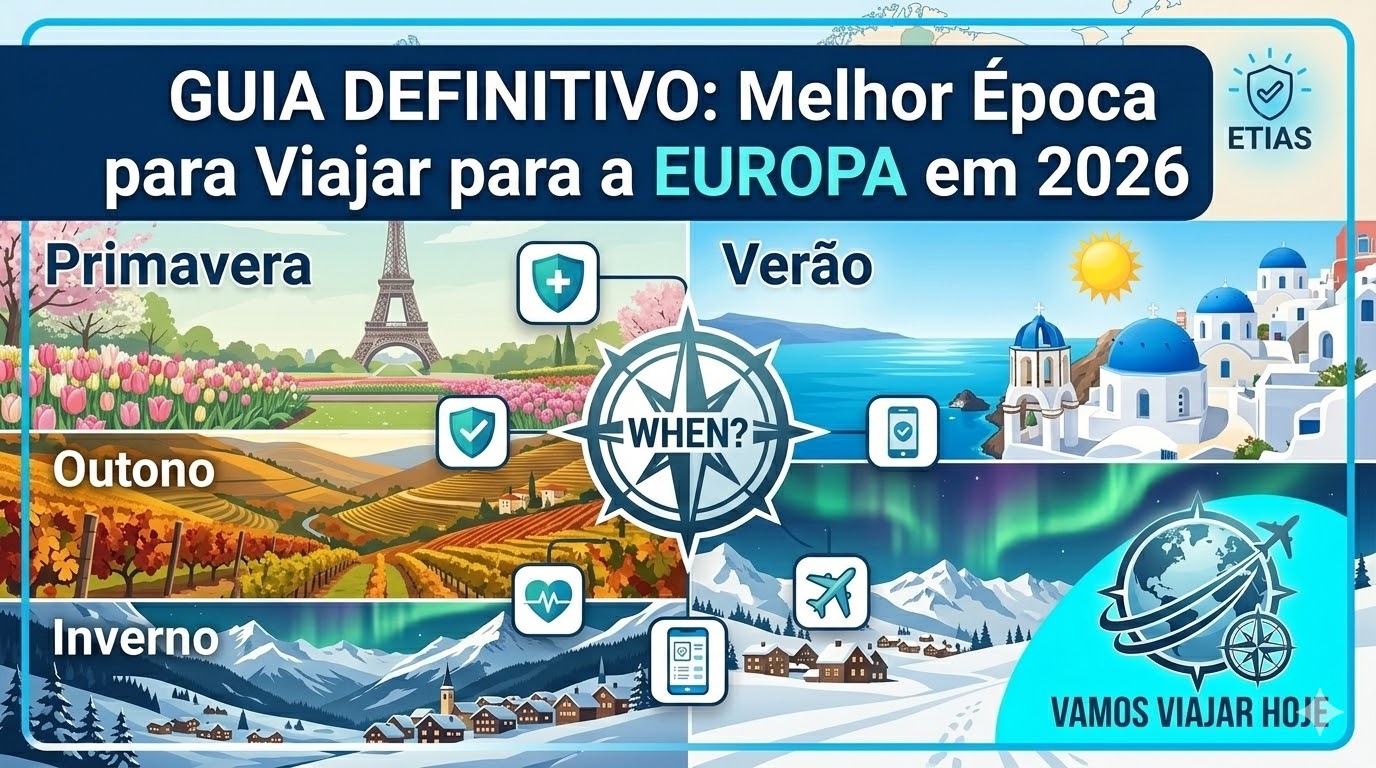 Melhor Época para Viajar para a Europa em 2026 Infográfico mostrando as quatro estações do ano e a melhor época para viajar para a Europa em 2026