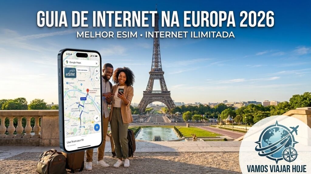 Internet Ilimitada na Europa 2026: O Guia Definitivo do eSIM Virtual Casal de viajantes sorrindo e olhando o Google Maps em um smartphone em frente à Torre Eiffel, com alta nitidez e cores vibrantes internet ilimitada na Europa 2026