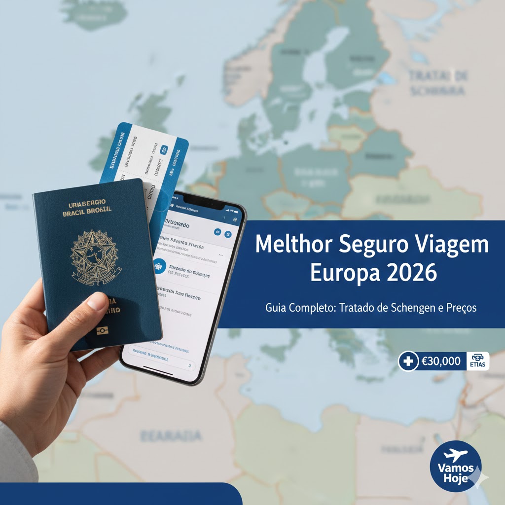Melhor Seguro Viagem Europa 2026: Guia Completo do Tratado de Schengen Pessoa segurando passaporte brasileiro em frente a um mapa da Europa, simbolizando a obrigatoriedade do seguro viagem para brasileiros em 2026.
