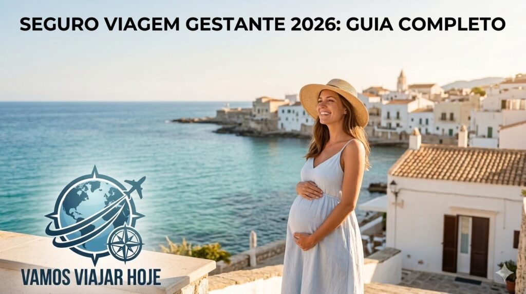 Seguro Viagem para Grávidas 2026: O Guia Definitivo para uma Babymoon Segura Mulher grávida sorrindo e segurando a barriga enquanto observa o mar em um destino europeu ensolarado, transmitindo paz e segurança. seguro viagem para grávidas 2026