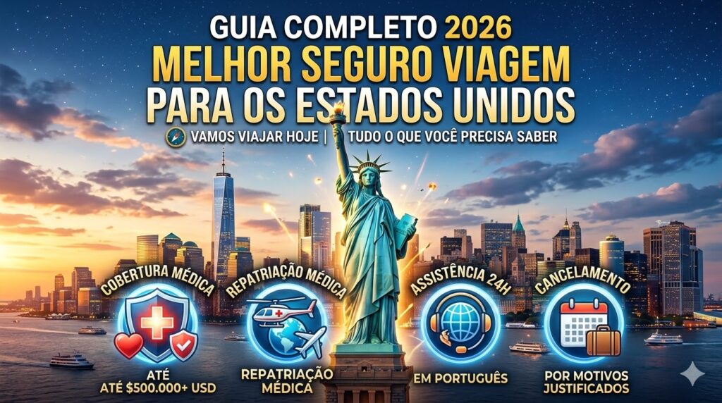 Melhor Seguro Viagem para os Estados Unidos em 2026: Guia Absolutamente Completo Infográfico de capa do Vamos Viajar Hoje sobre o melhor seguro viagem para os Estados Unidos em 2026 com ícones de proteção.