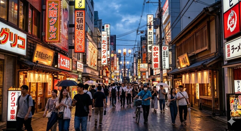 Uma rua vibrante e moderna em Osaka, com sinais de néon e pessoas a caminhar, representando a energia e o custo de vida acessível da cidade.