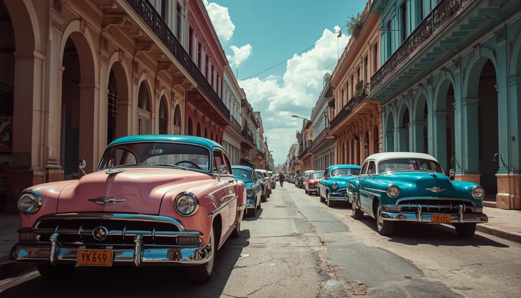 🇨🇺 Como Morar em Cuba em 2026: Guia Prático para Brasileiros Uma rua vibrante em Havana Velha com carros clássicos coloridos e arquitetura histórica, representando as melhores cidades para viajar para Cuba.