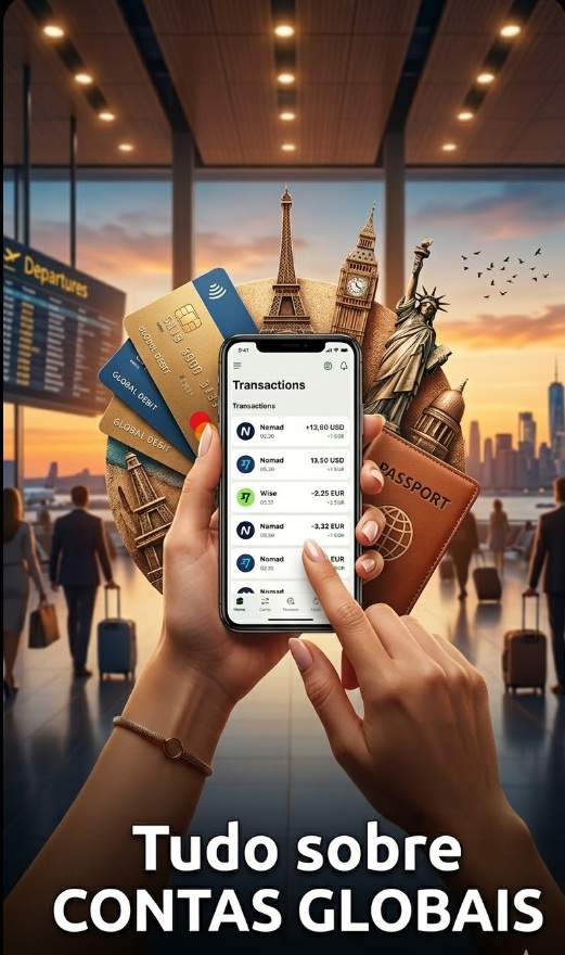 Representação 3D de contas globais com moedas, cartão internacional e globo terrestre.