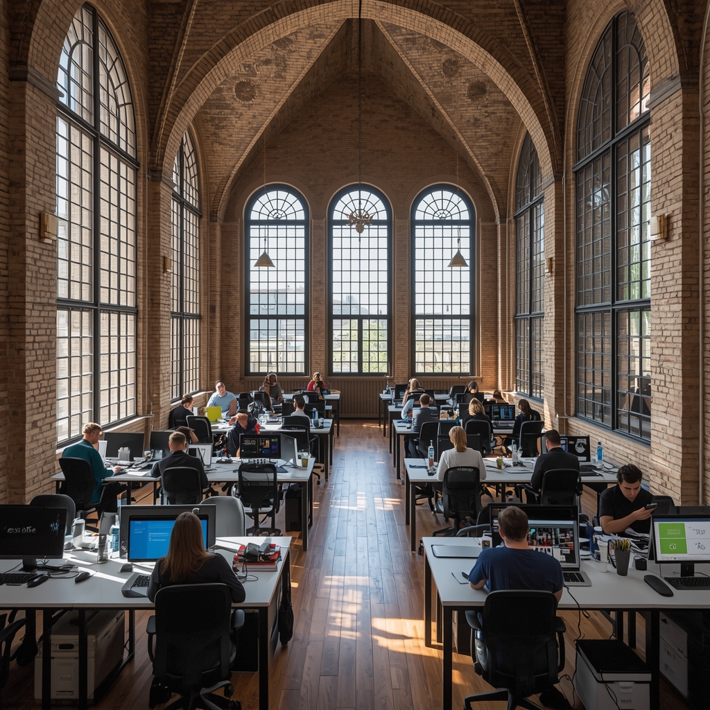 Um escritório moderno de teto alto em Budapeste, misturando arquitetura clássica com tecnologia de ponta e profissionais trabalhando.