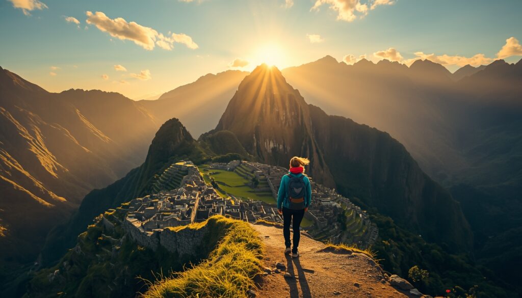 Mochilão pela América do Sul: mochileiro contemplando Machu Picchu ao amanhecer