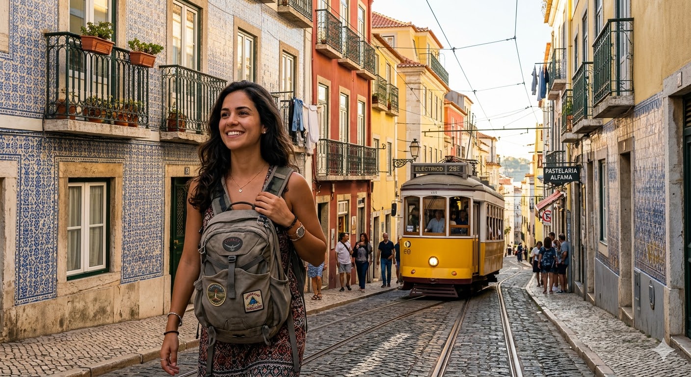 Mulher brasileira viajando sozinha pela Europa em 2026 com seguro viagem para Portugal