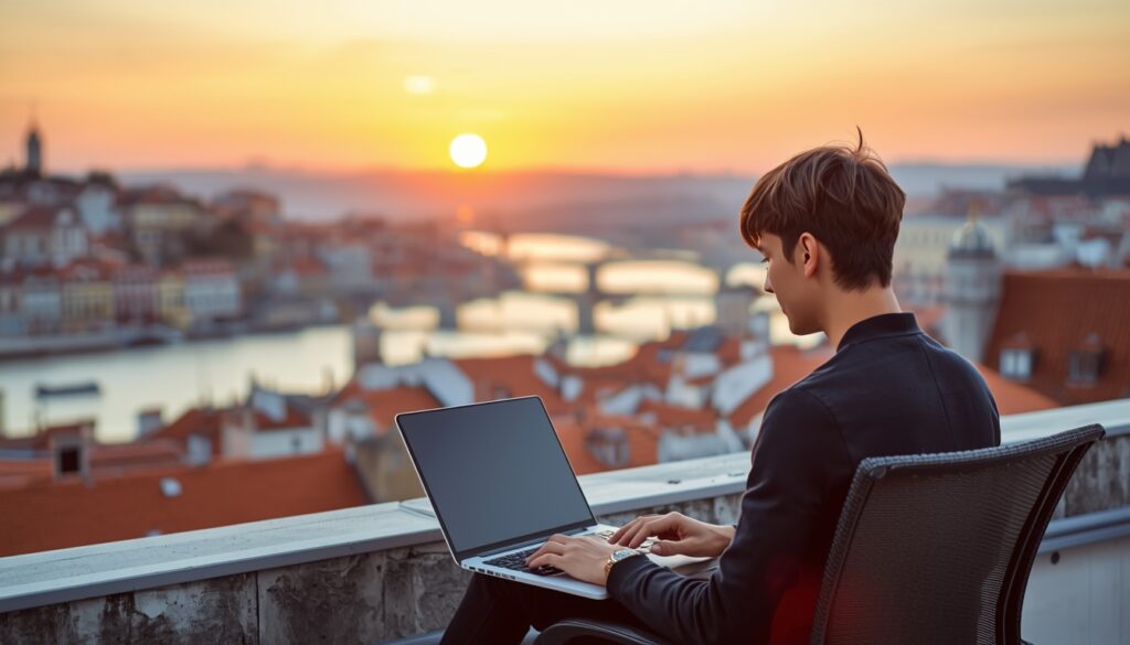 Visto D8 Portugal: Guia Completo para Brasileiros em 2026 Nômade digital brasileiro trabalhando em Lisboa com visto D8 Portugal em 2026