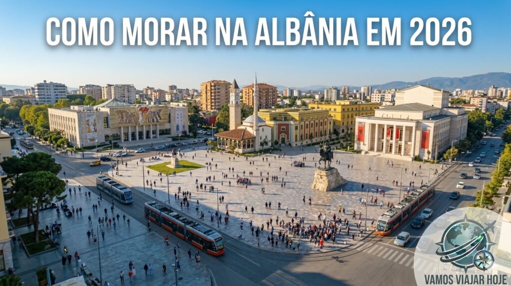 🇦🇱 Guia Definitivo: Como Morar na Albânia em 2026 (O Novo Paraíso Europeu) Jovem trabalhando em um notebook em uma varanda ensolarada com vista para a Praça Skanderbeg em Tirana.