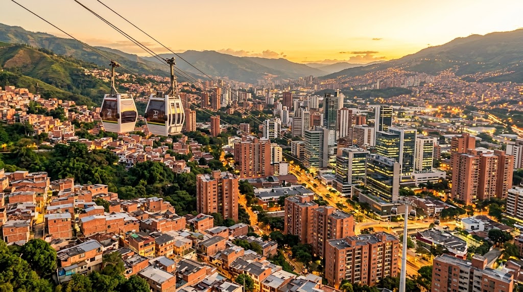 Teleféricos de Medellín sobrevoando a cidade entre as montanhas.