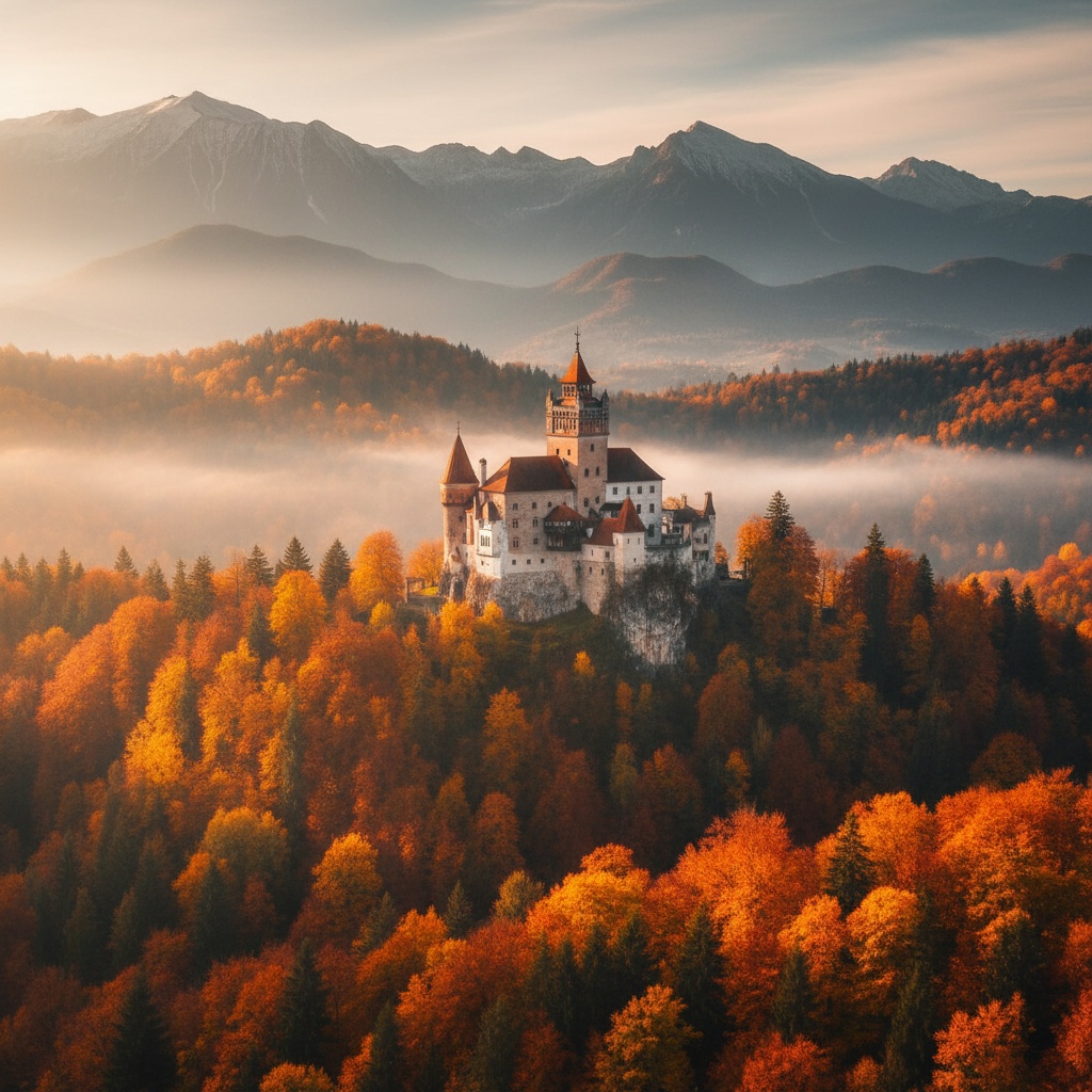 🌍 Estações do Ano na Europa 2026: O Guia Definitivo por Países e Regiões Castelo de Bran na Romênia cercado por florestas com tons intensos de laranja e vermelho durante o pico do outono.