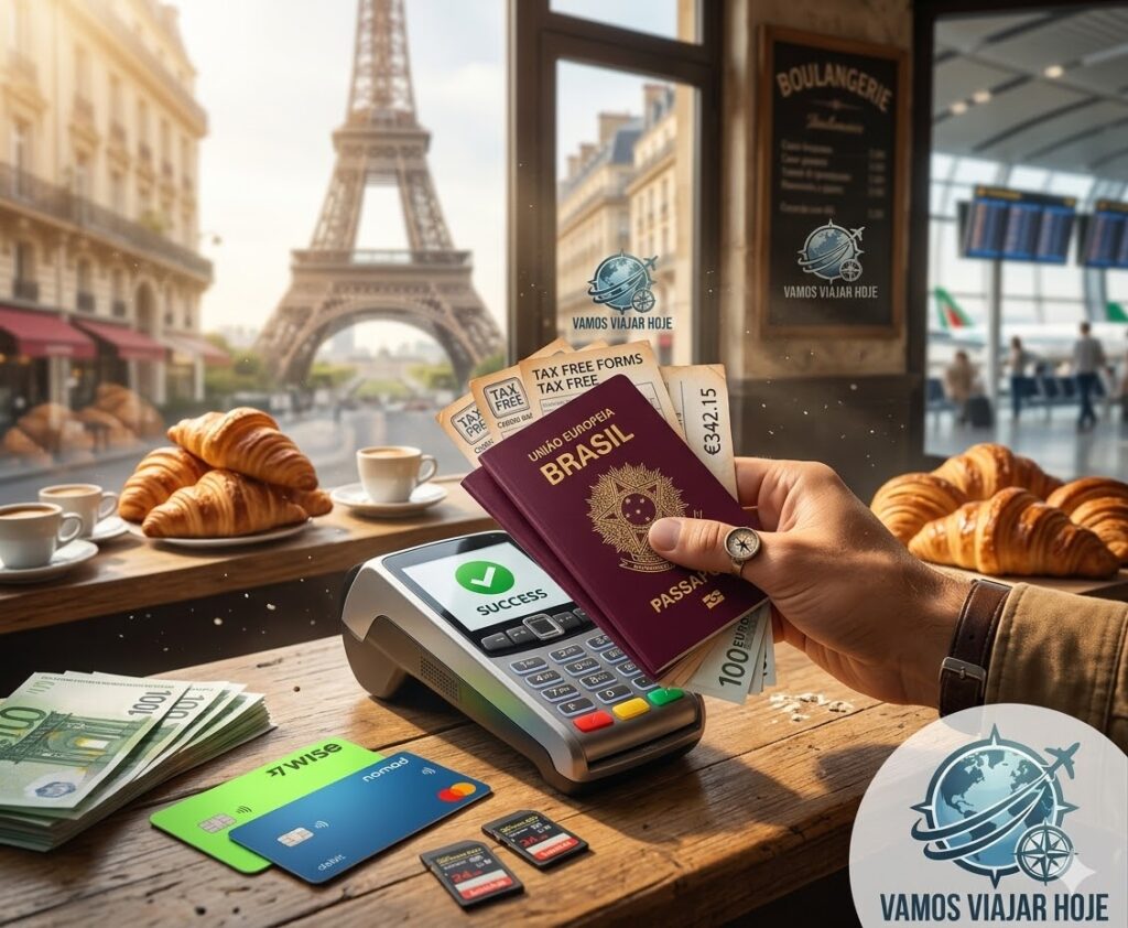 Pessoa realizando pagamento via celular em uma padaria europeia com a Torre Eiffel visível ao fundo.