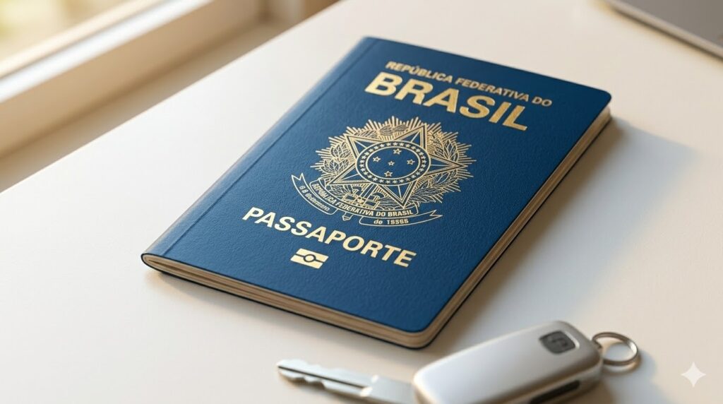 Close-up de um passaporte brasileiro azul destacando o símbolo do chip biométrico na parte inferior da capa.