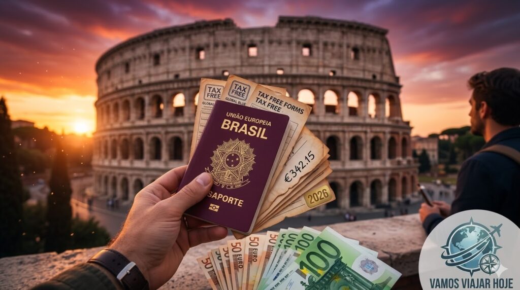 O Guia Definitivo dos Sobrenomes para Cidadania Europeia em 2026: Do Nome ao Passaporte sobrenome para cidadania europeia Uma mão segurando um passaporte europeu orgulhosamente em frente ao Coliseu de Roma durante o pôr do sol.