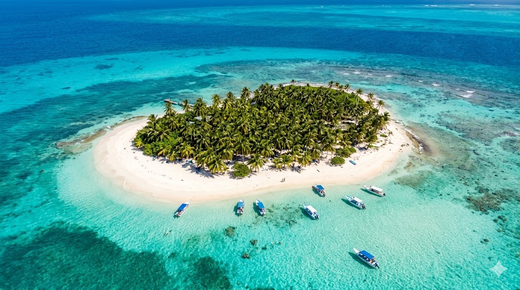 🏝️ San Andrés 2026: Guia Completo para o Mar de Sete Cores Vista aérea da ilha de Johnny Cay rodeada pelo mar de sete cores.