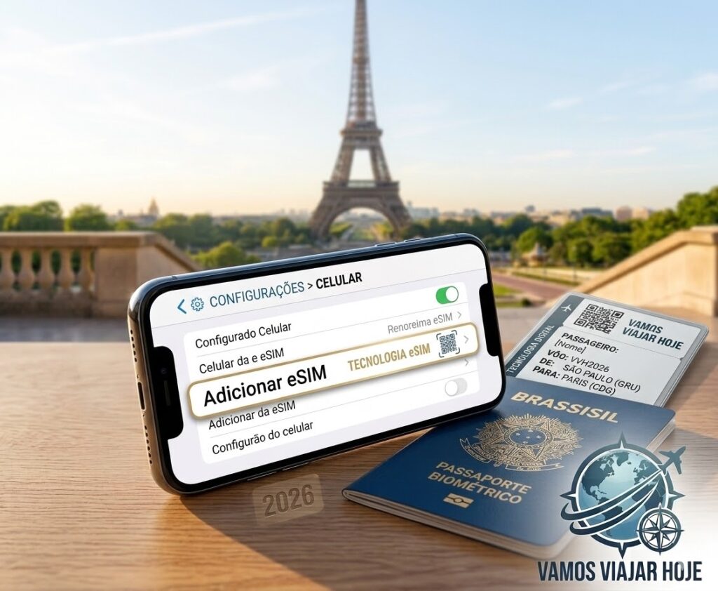 Internet Ilimitada na Europa 2026: O Guia Definitivo do eSIM Virtual Tutorial visual de como ativar um eSIM de internet ilimitada na Europa no menu de configurações de um smartphone em 2026.