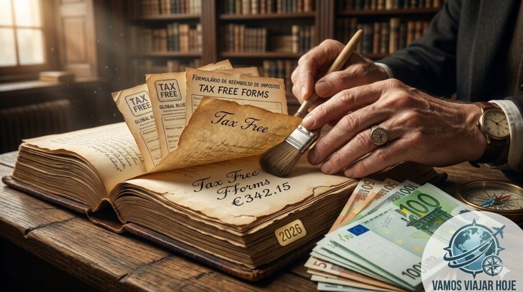 O Guia Definitivo dos Sobrenomes para Cidadania Europeia em 2026: Do Nome ao Passaporte Pilha de certidões de nascimento e casamento com carimbos oficiais e uma lupa por cima destacando nomes antigos.