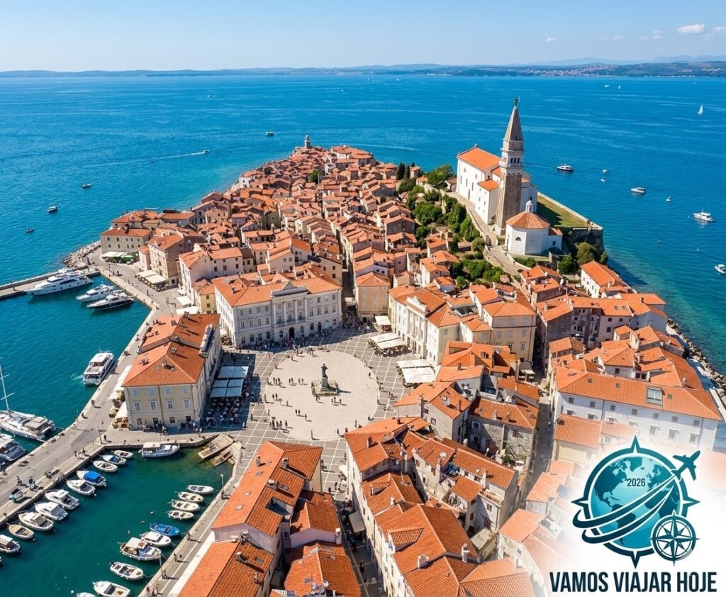 Vista aérea da cidade de Piran na Eslovênia com arquitetura veneziana e o mar Adriático em um dia ensolarado de 2026.