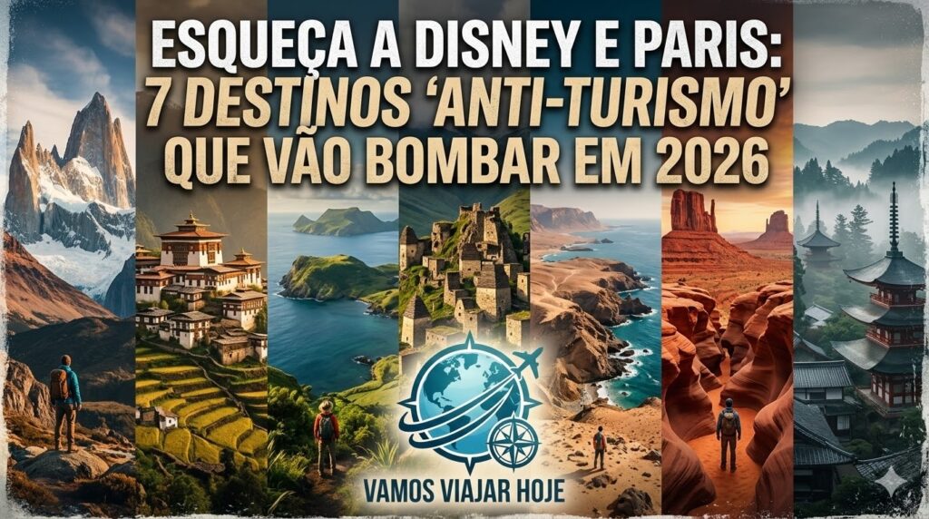 destinos anti-turismo 2026 Infográfico comparativo mostrando fotos de Albânia, Geórgia e Argentina como alternativas a destinos saturados em 2026.