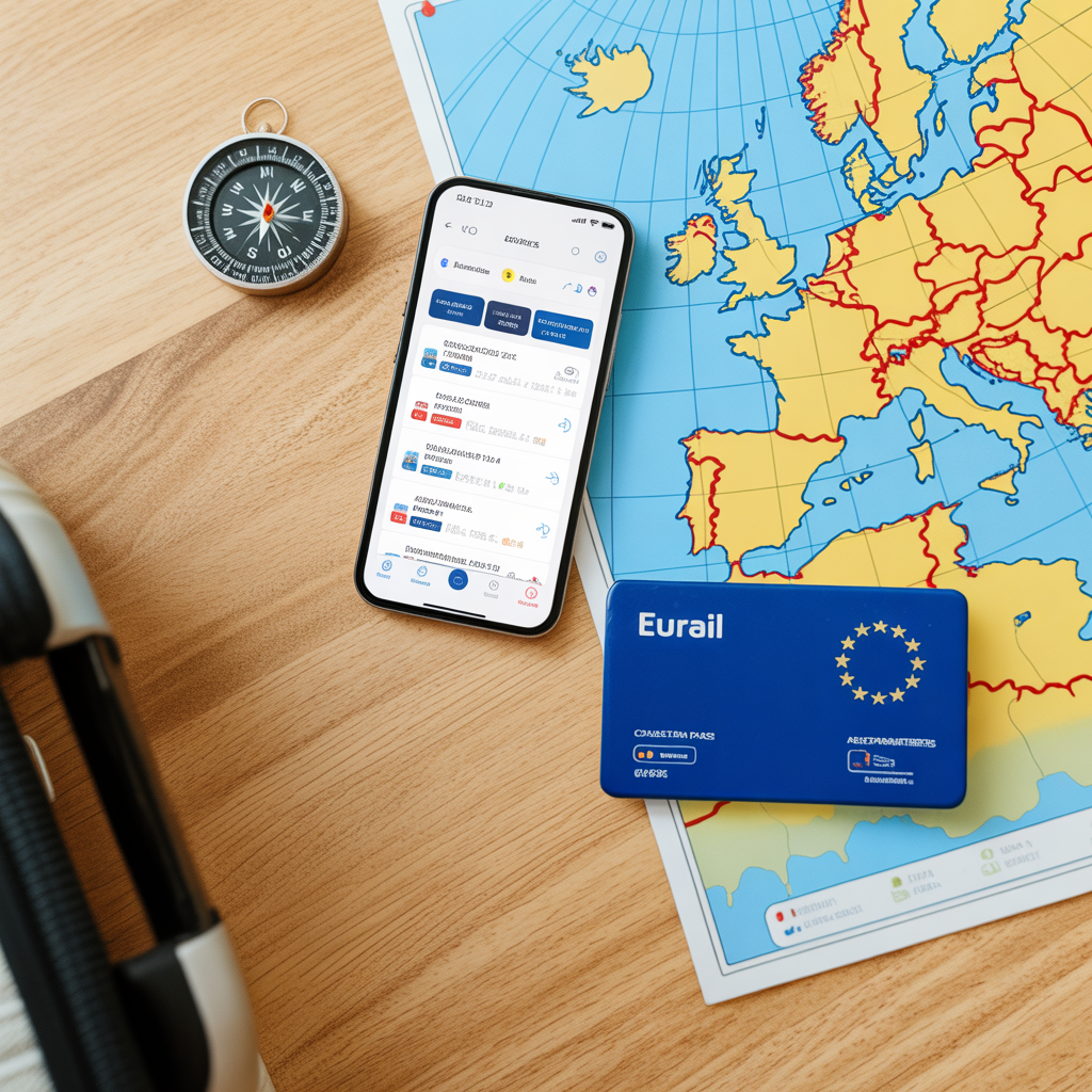 Viagem de Trem pela Europa: Roteiro Completo e Quanto Custa 2026 Passe Eurail, mapa da Europa e celular organizados sobre uma mesa para planejar um roteiro de viagem de trem pela Europa.