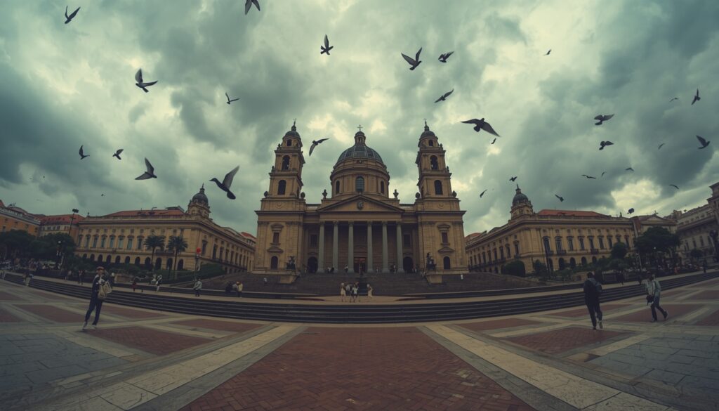 Praça Bolívar em Bogotá com a Catedral Primada ao fundo.