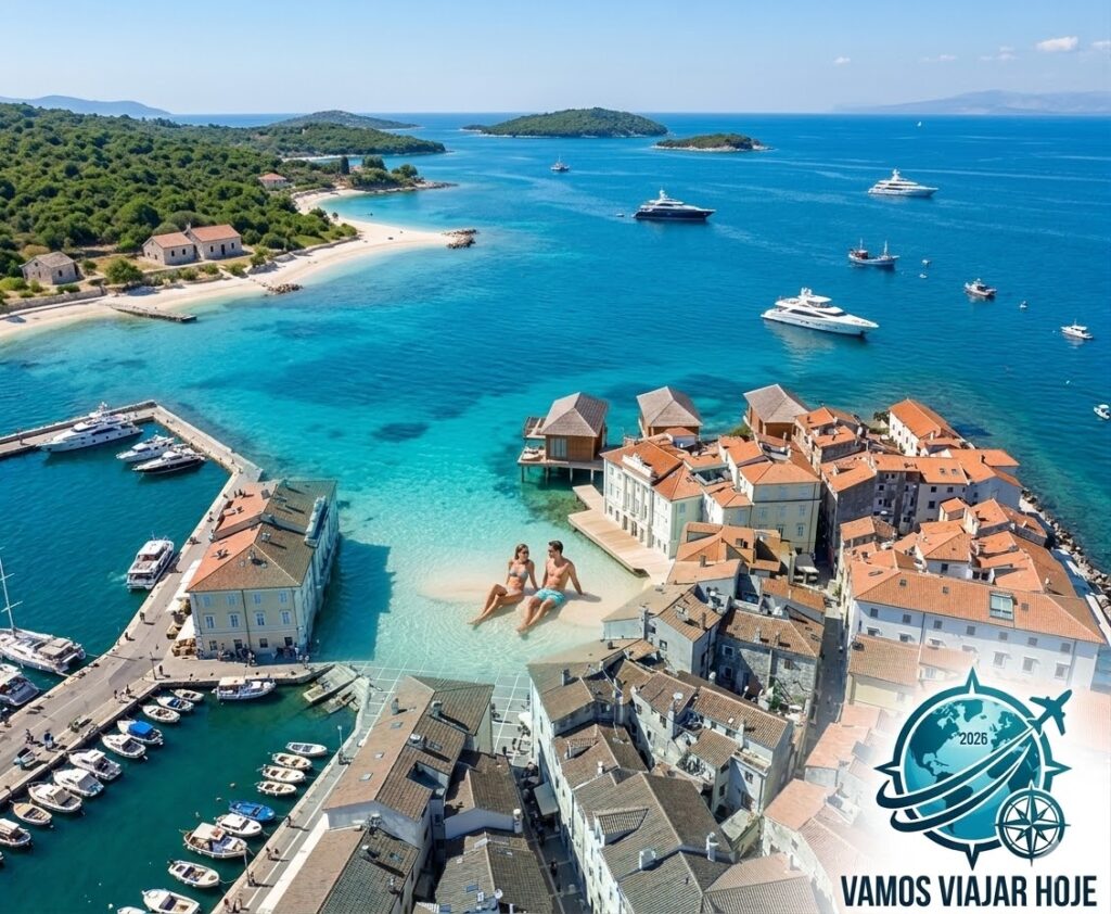 Casal relaxando na água cristalina azul-turquesa da praia de Ksamil na Riviera Albanesa em 2026, livre do turismo de massa.