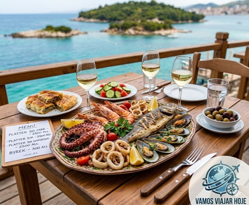 Albânia: O Guia Completo para as 'Maldivas da Europa' em 2026 Prato de frutos do mar frescos em um restaurante à beira-mar em Sarandë, ilustrando o baixo custo de alimentação viagem barata Europa 2026