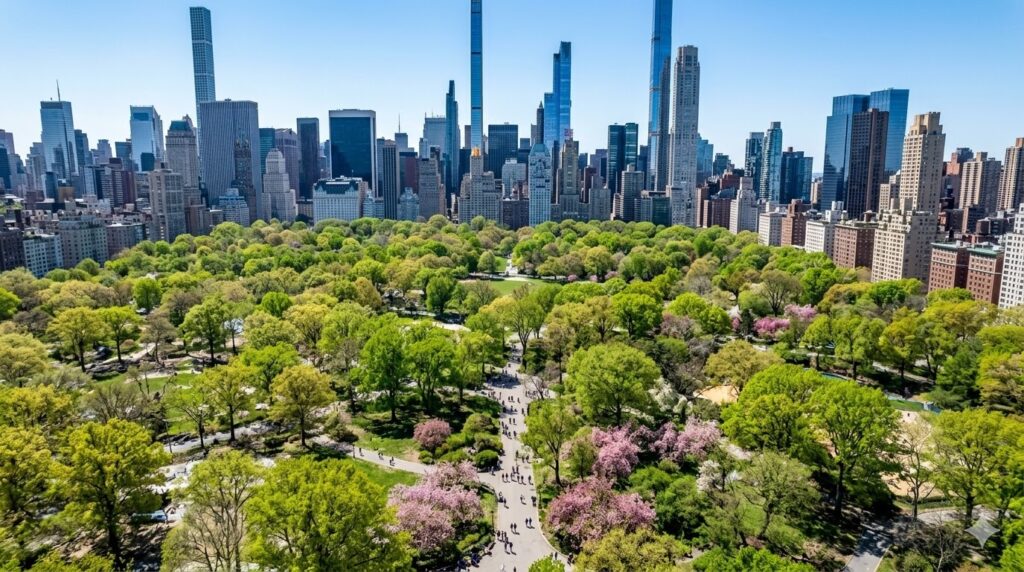 🏔️ Estações do Ano na América do Norte 2026: O Guia Completo Vista aérea do Central Park em Nova York durante a primavera de 2026, com árvores verdes, flores desabrochando e os arranha-céus de Manhattan ao fundo.