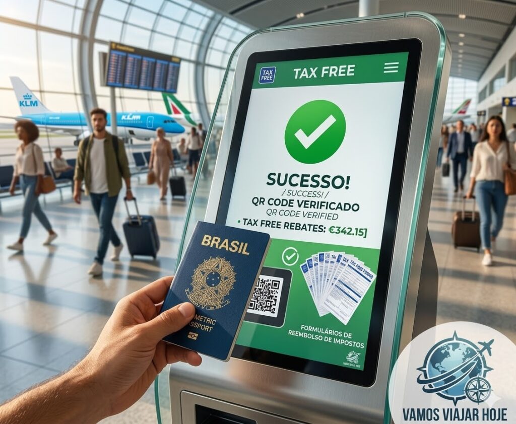 O que é o Tax Free e como funciona em 2026? Tax Free Europa 2026. close-up realista de um totem digital de Tax Free em aeroporto europeu com tela mostrando mensagem de sucesso e mão segurando passaporte brasileiro.