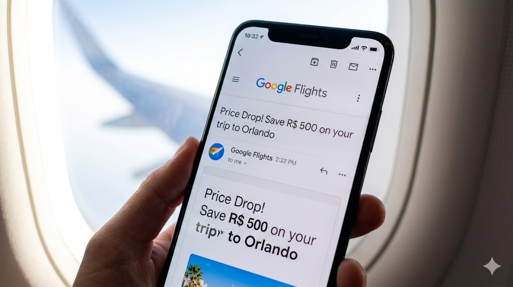 ✈️ Google Voos em 2026: Como usar a Inteligência de Dados para viajar barato Celular recebendo alerta de queda de preço de passagem aérea do Google Voos.